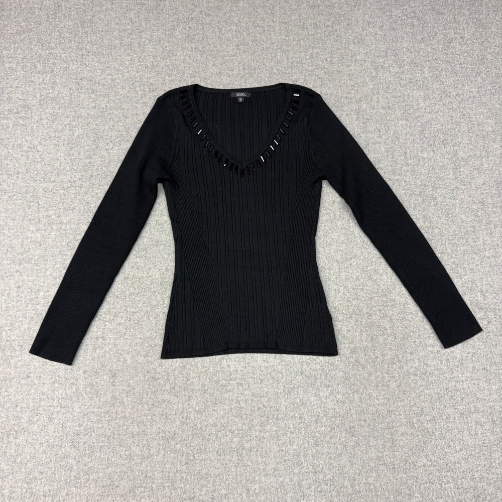XOXO | Ribbed Knit Beaded V-Neck Sweater | XL | Black | Long Sleeve Top 4986XCL